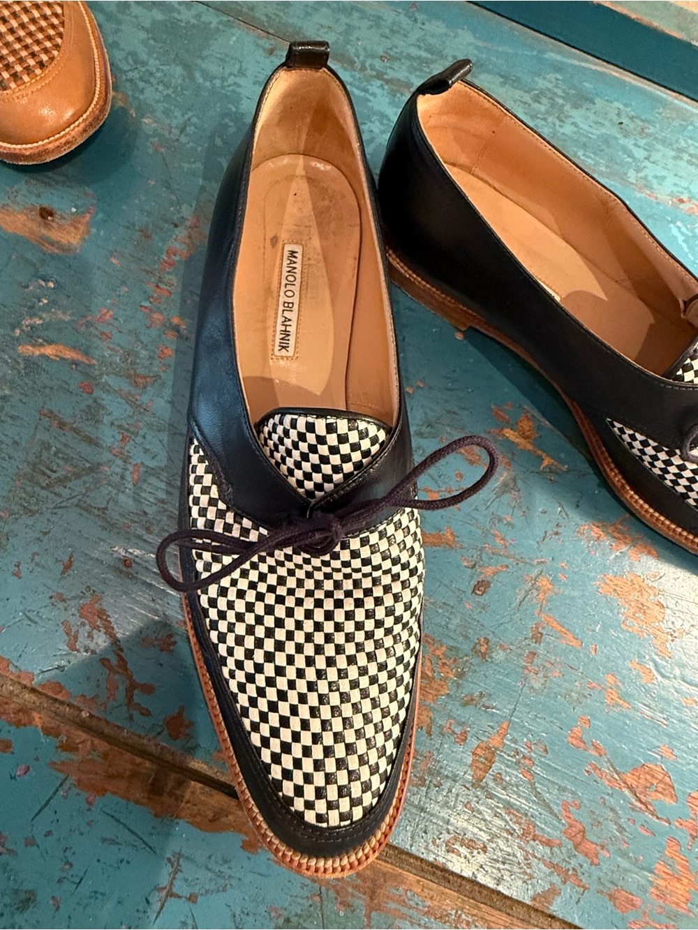 Manolo Blahnik Black Leather & White Checkerboard Lace-Up Oxford